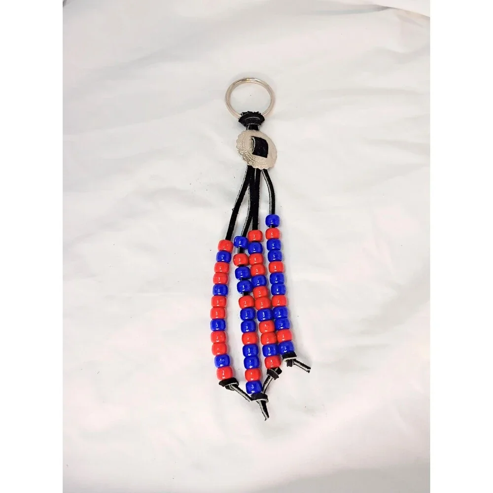 Vintage Red and Blue Beaded Keychain with Small Round Conch